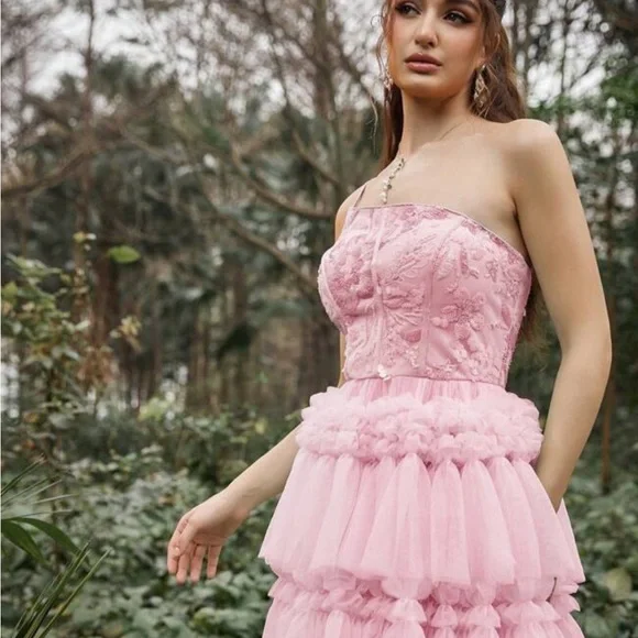 🔥NWT One shoulder sequin bodice mesh hem cake dress in pink size xs p2p 19+ - Picture 3 of 11